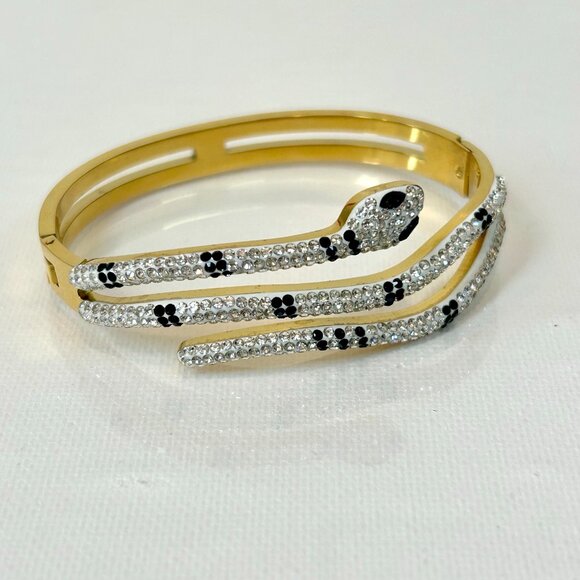 New Snake Wrap White & Black Rhinestone Stainless Steel Hinge Bangel Bracelet - Picture 3 of 8